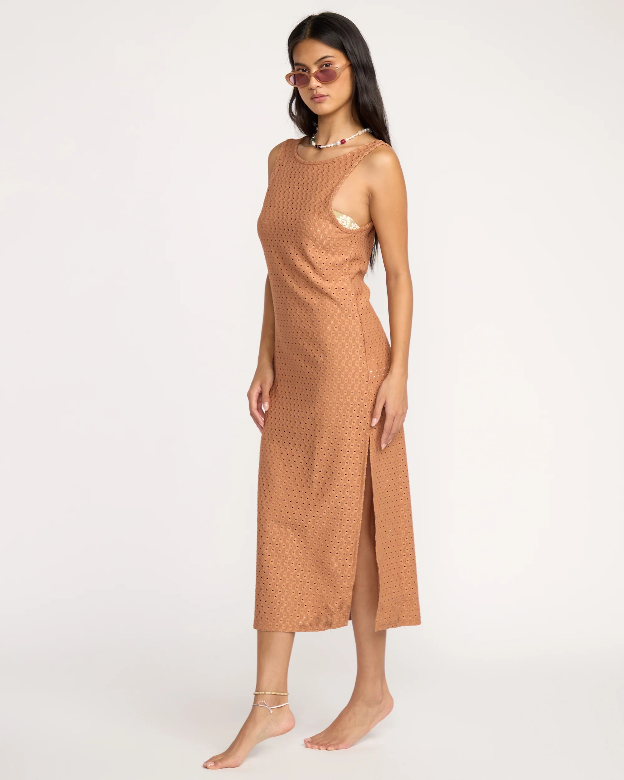 Eyelet Sun Midi Dress Beach Coverup - Rose Brown - Image 3