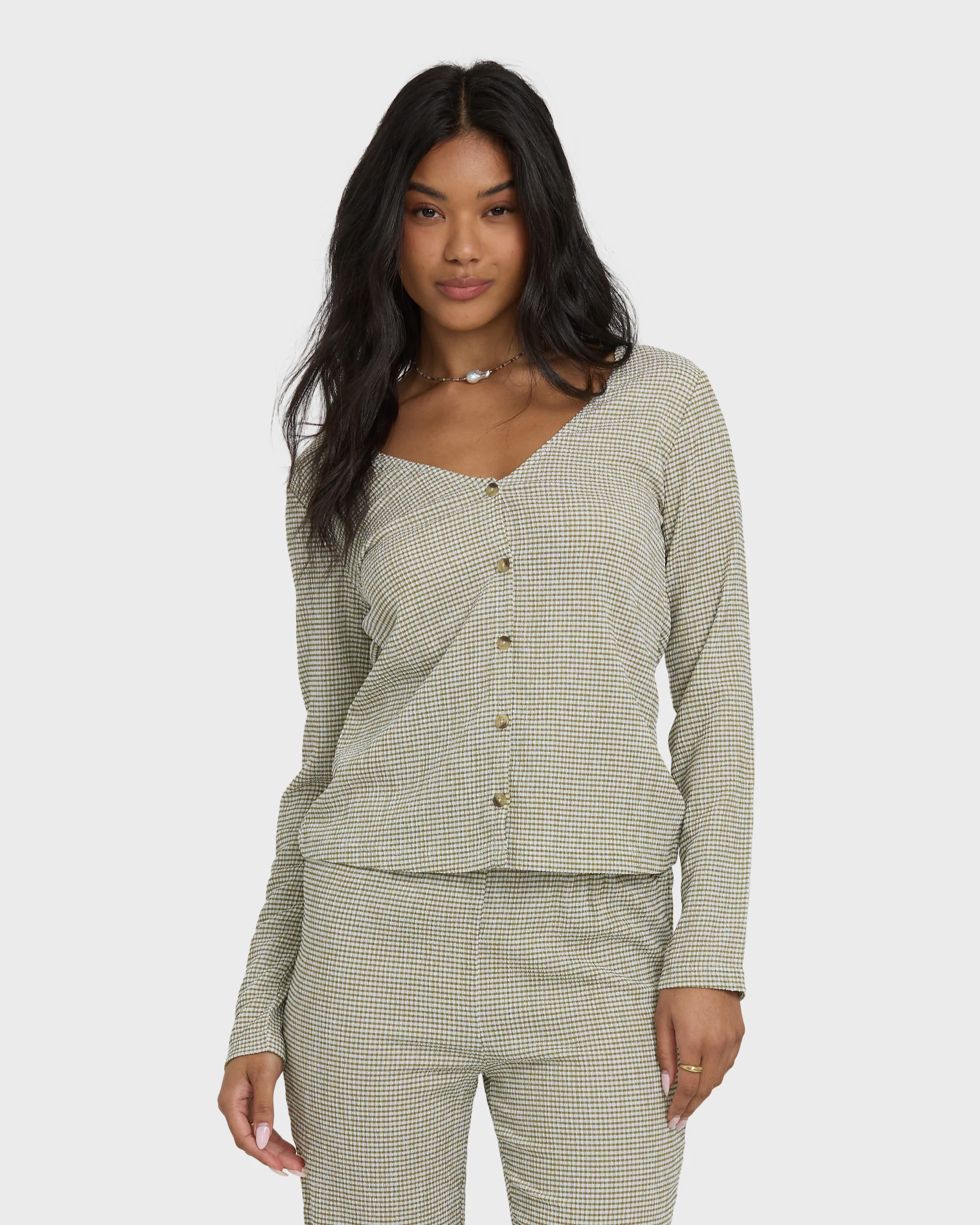 Hot Check Long Sleeve Knit Top - Martini Olive - Image 3