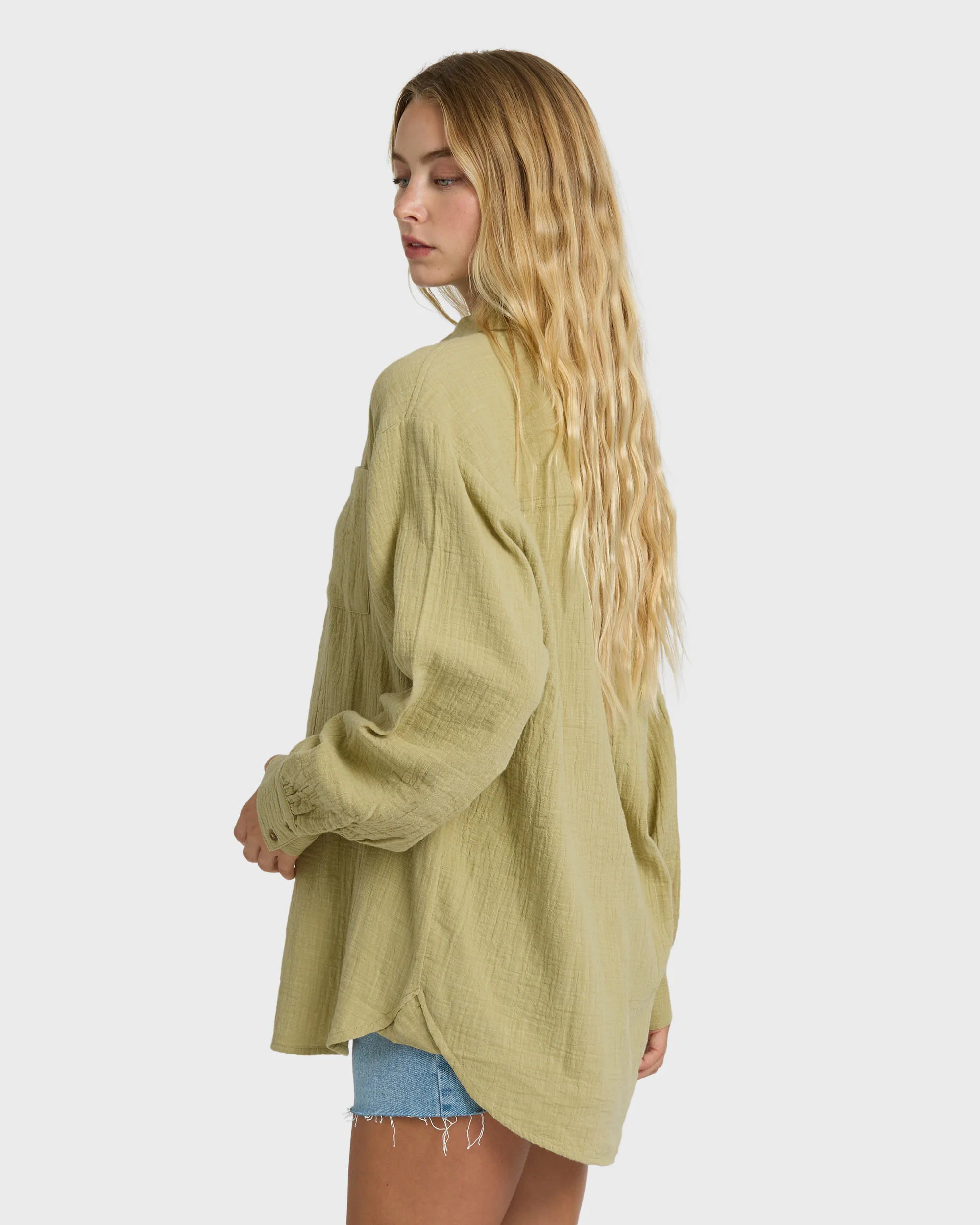Wanderer Solid Long Sleeve Woven Top - Cactus - Image 5
